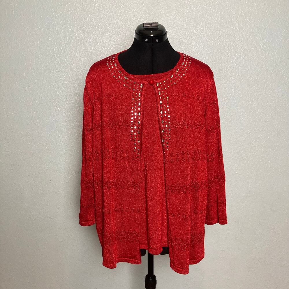 L Alfred Dunner Red Silver Sparkly Sweater Work Formal Blouse Long Sleeve layer